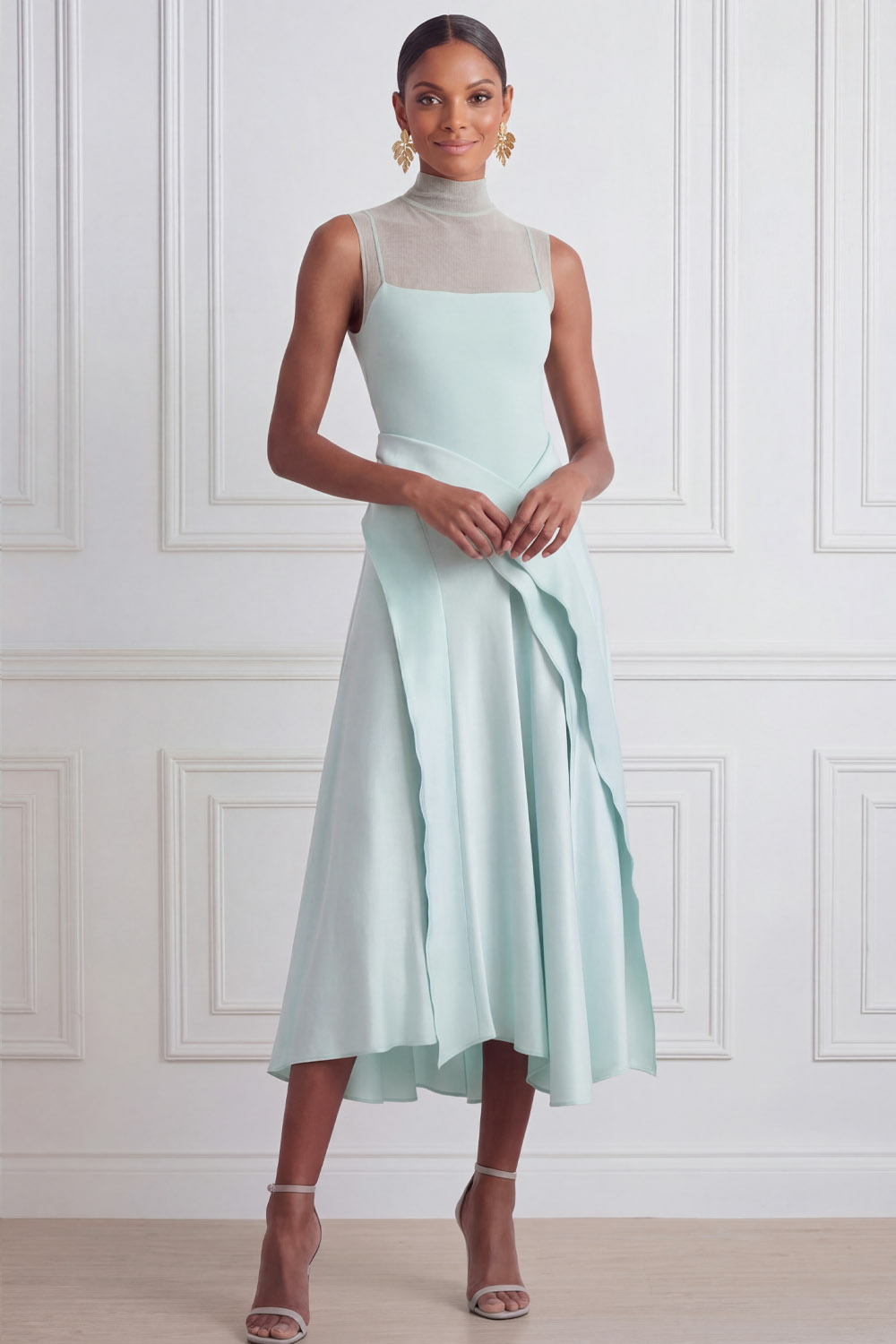 Mint Prom Dress A-Line Illusion Neck Sleeveless Ruffle Midi Dress 