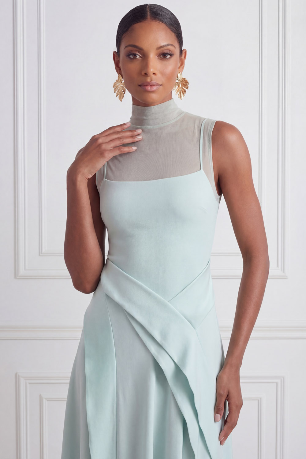 Mint Prom Dress A-Line Illusion Neck Sleeveless Ruffle Midi Dress 