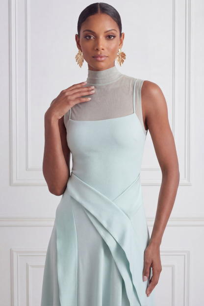 Mint Prom Dress A-Line Illusion Neck Sleeveless Ruffle Midi Dress 