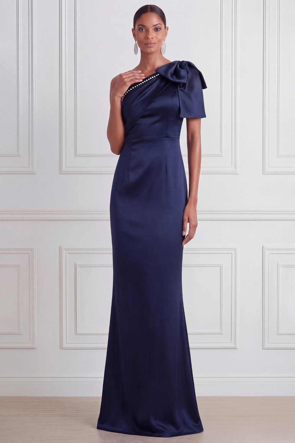 Navy Formal Evening Dress One Shoulder Satin Maxi Dress with Bow