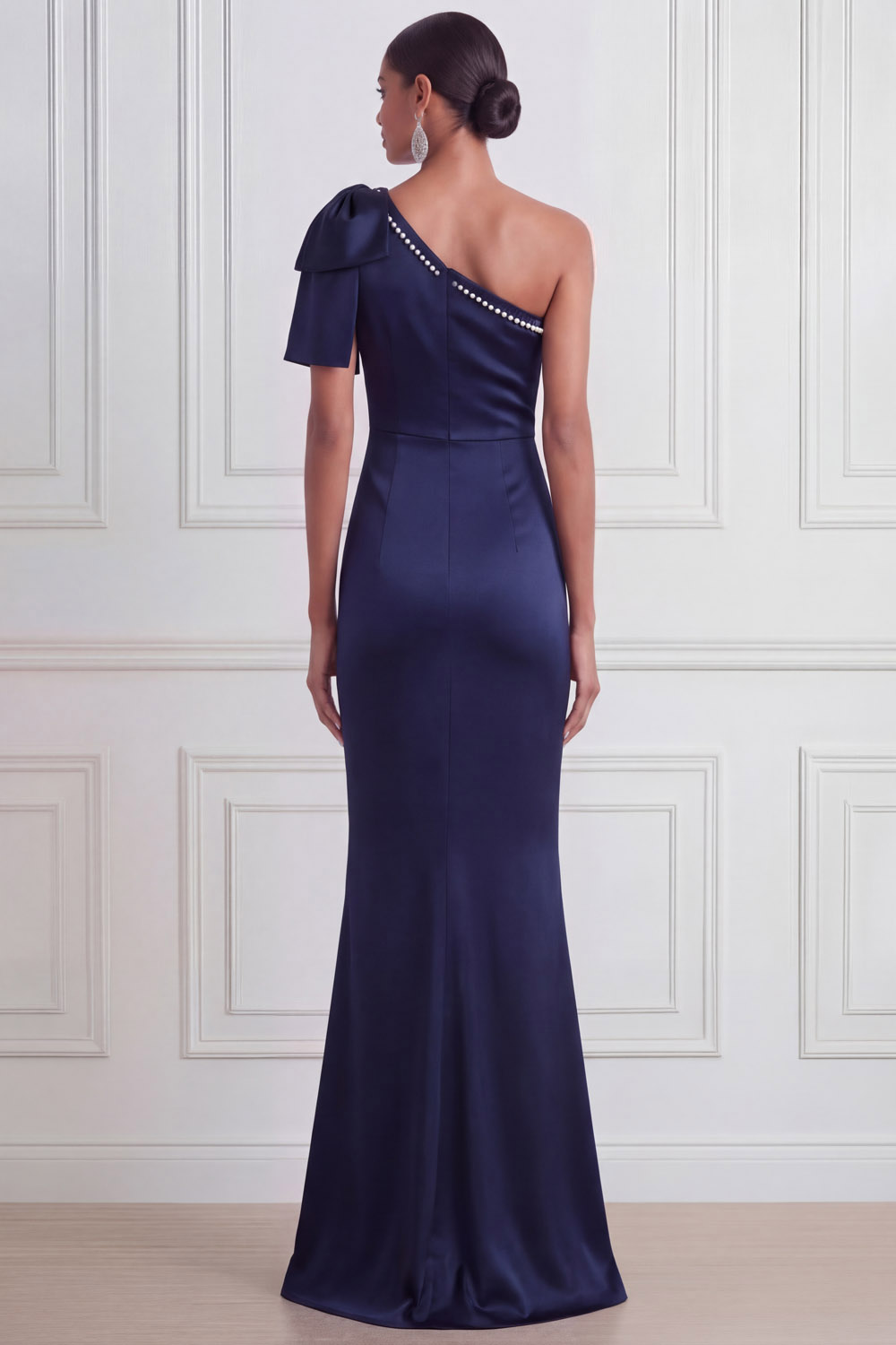 Navy Formal Evening Dress One Shoulder Satin Maxi Dress with Bow