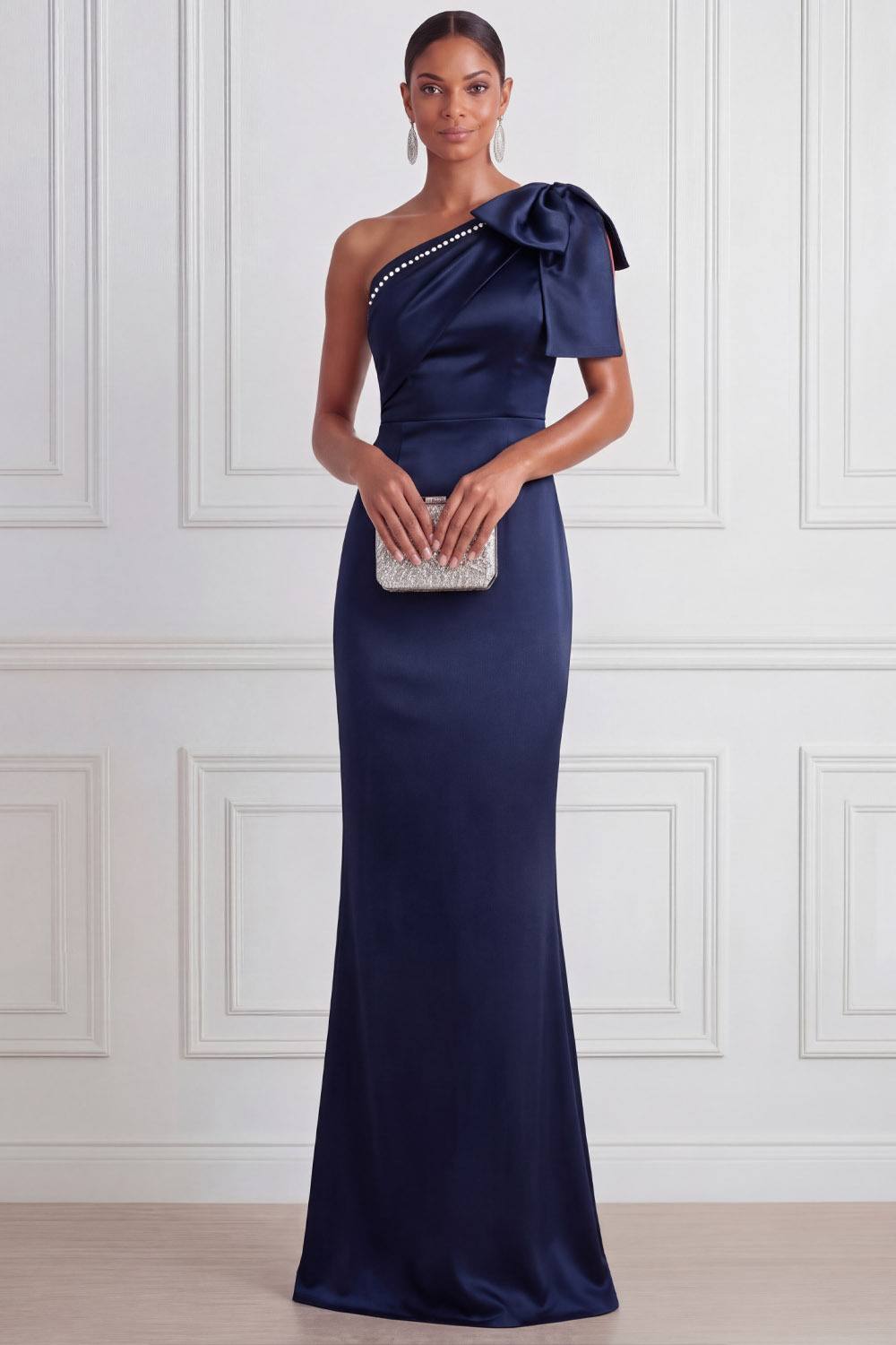 Navy Formal Evening Dress One Shoulder Satin Maxi Dress with Bow
