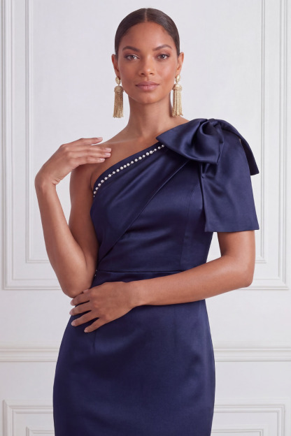 Navy Formal Evening Dress One Shoulder Satin Maxi Dress with Bow