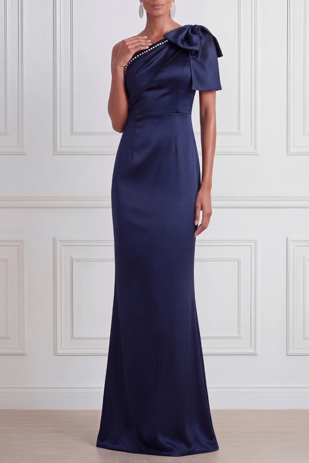 Navy Formal Evening Dress One Shoulder Satin Maxi Dress with Bow