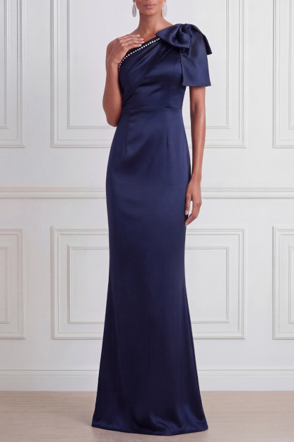 Navy Formal Evening Dress One Shoulder Satin Maxi Dress with Bow