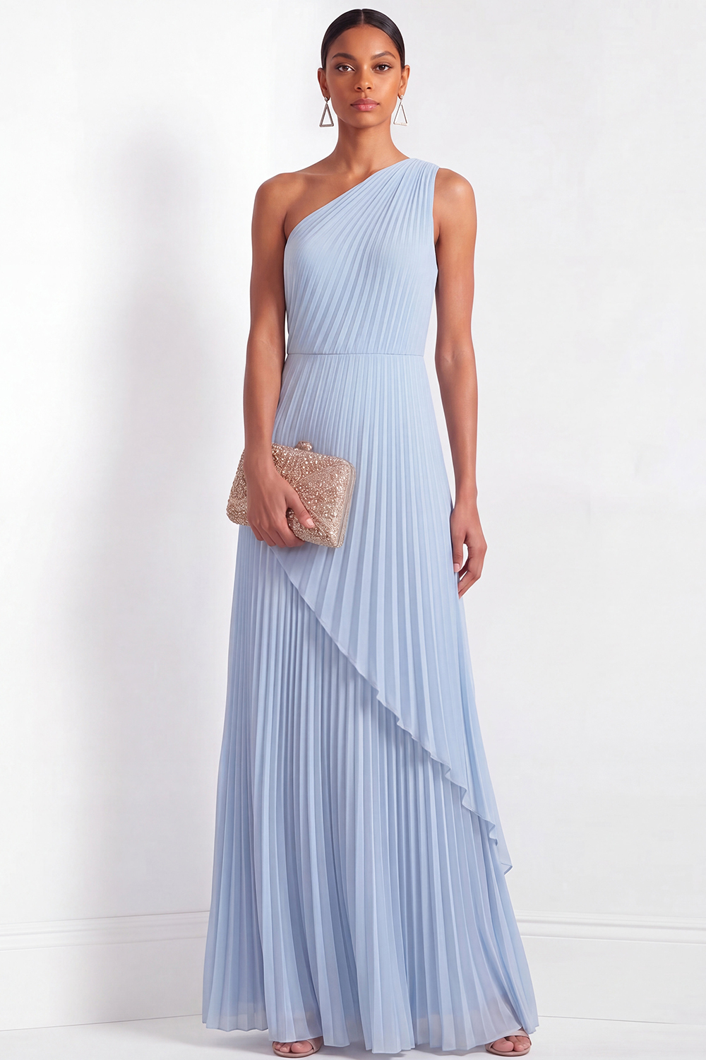 Sky Blue Formal Dress A-Line One Shoulder Pleated Chiffon Maxi Dress 
