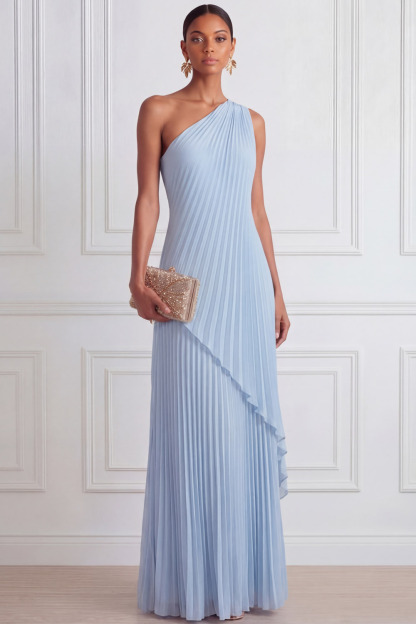 Sky Blue Formal Dress A-Line One Shoulder Pleated Chiffon Maxi Dress 