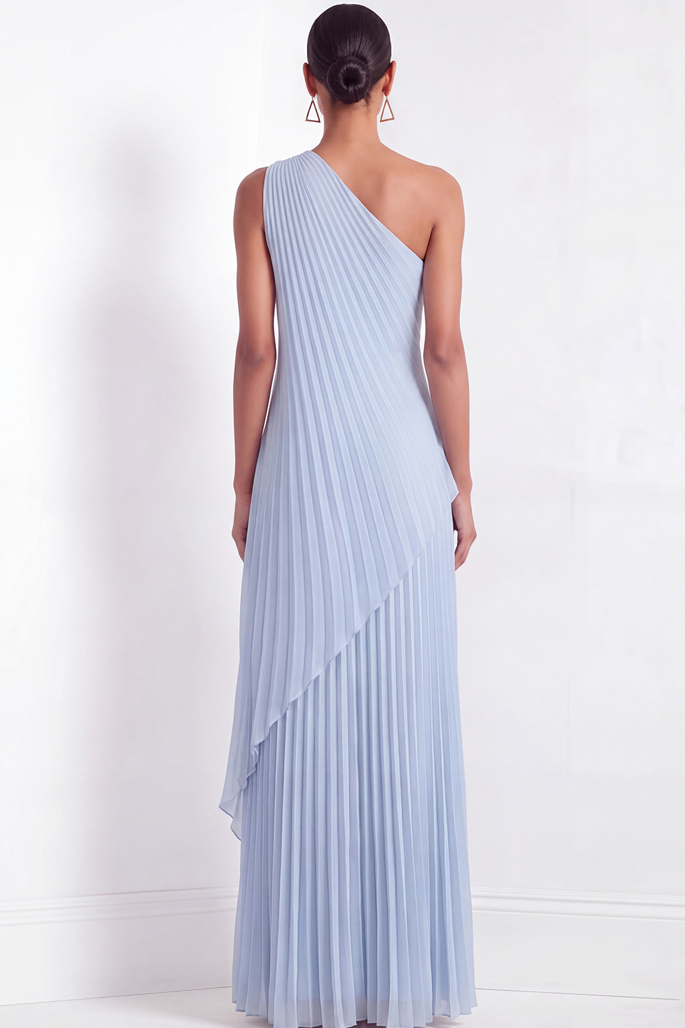 Sky Blue Formal Dress A-Line One Shoulder Pleated Chiffon Maxi Dress 