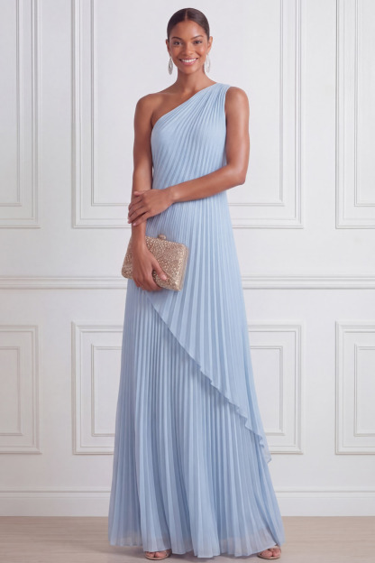 Sky Blue Formal Dress A-Line One Shoulder Pleated Chiffon Maxi Dress 