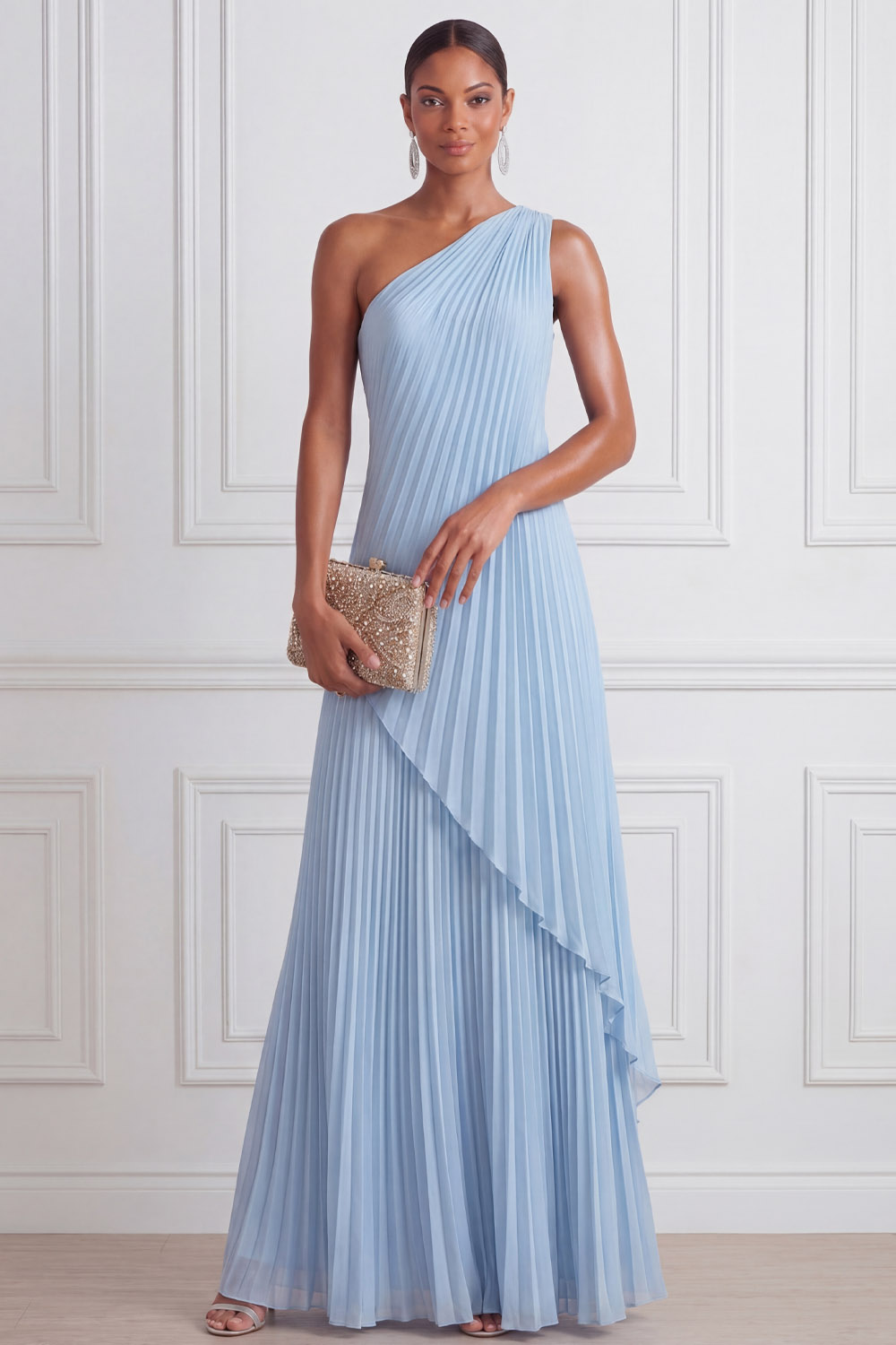 Sky Blue Formal Dress A-Line One Shoulder Pleated Chiffon Maxi Dress 