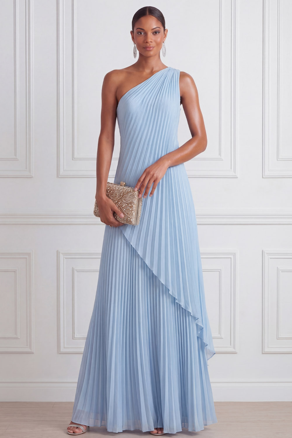 Sky Blue Formal Dress A-Line One Shoulder Pleated Chiffon Maxi Dress 