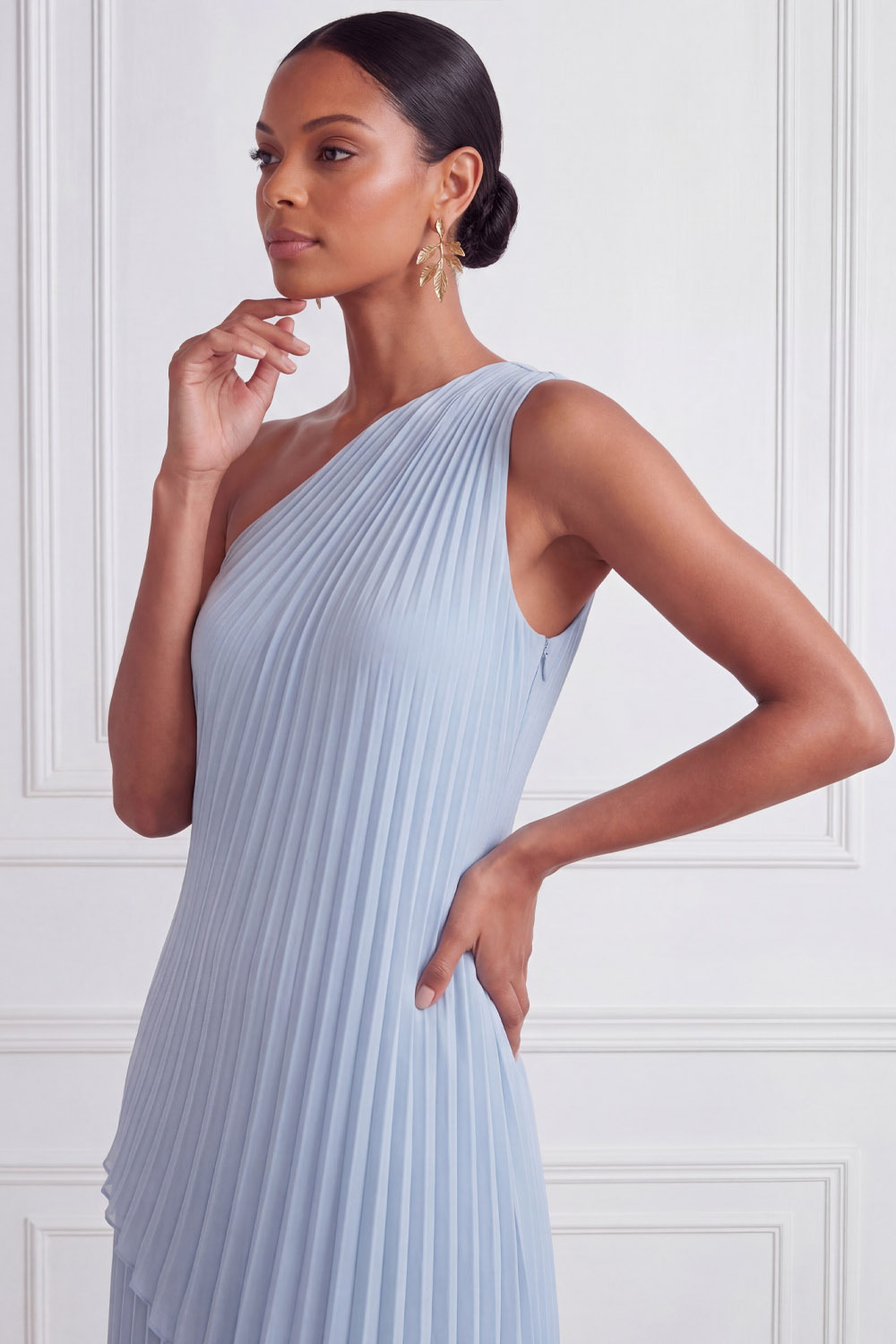 Sky Blue Formal Dress A-Line One Shoulder Pleated Chiffon Maxi Dress 