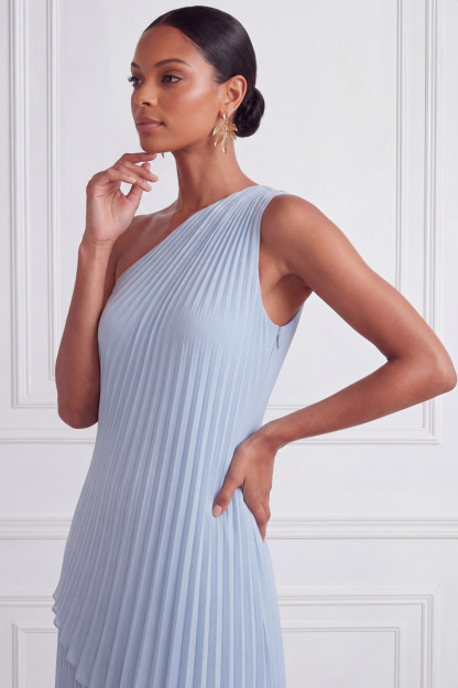 Sky Blue Formal Dress A-Line One Shoulder Pleated Chiffon Maxi Dress 