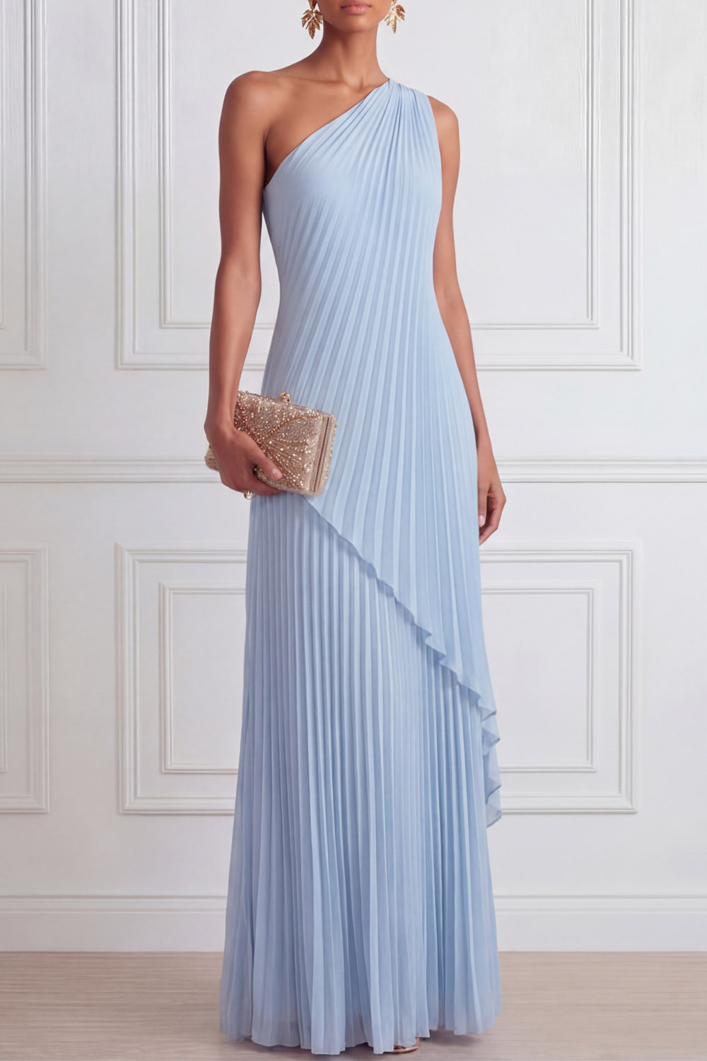 Sky Blue Formal Dress A-Line One Shoulder Pleated Chiffon Maxi Dress 