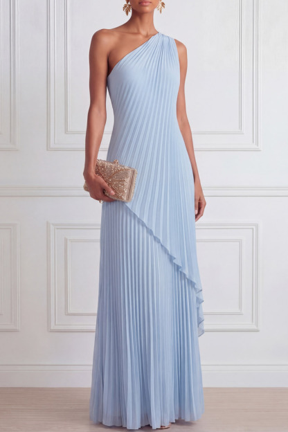 Sky Blue Formal Dress A-Line One Shoulder Pleated Chiffon Maxi Dress 