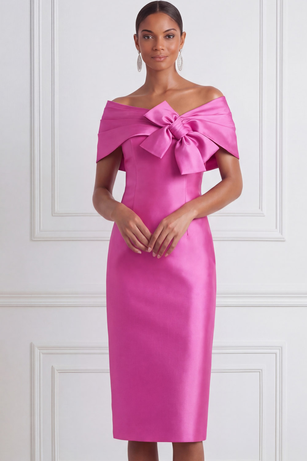 Fuchsia Cocktail Party Dress​​ Off the Shoulder Midi Dress with Bow