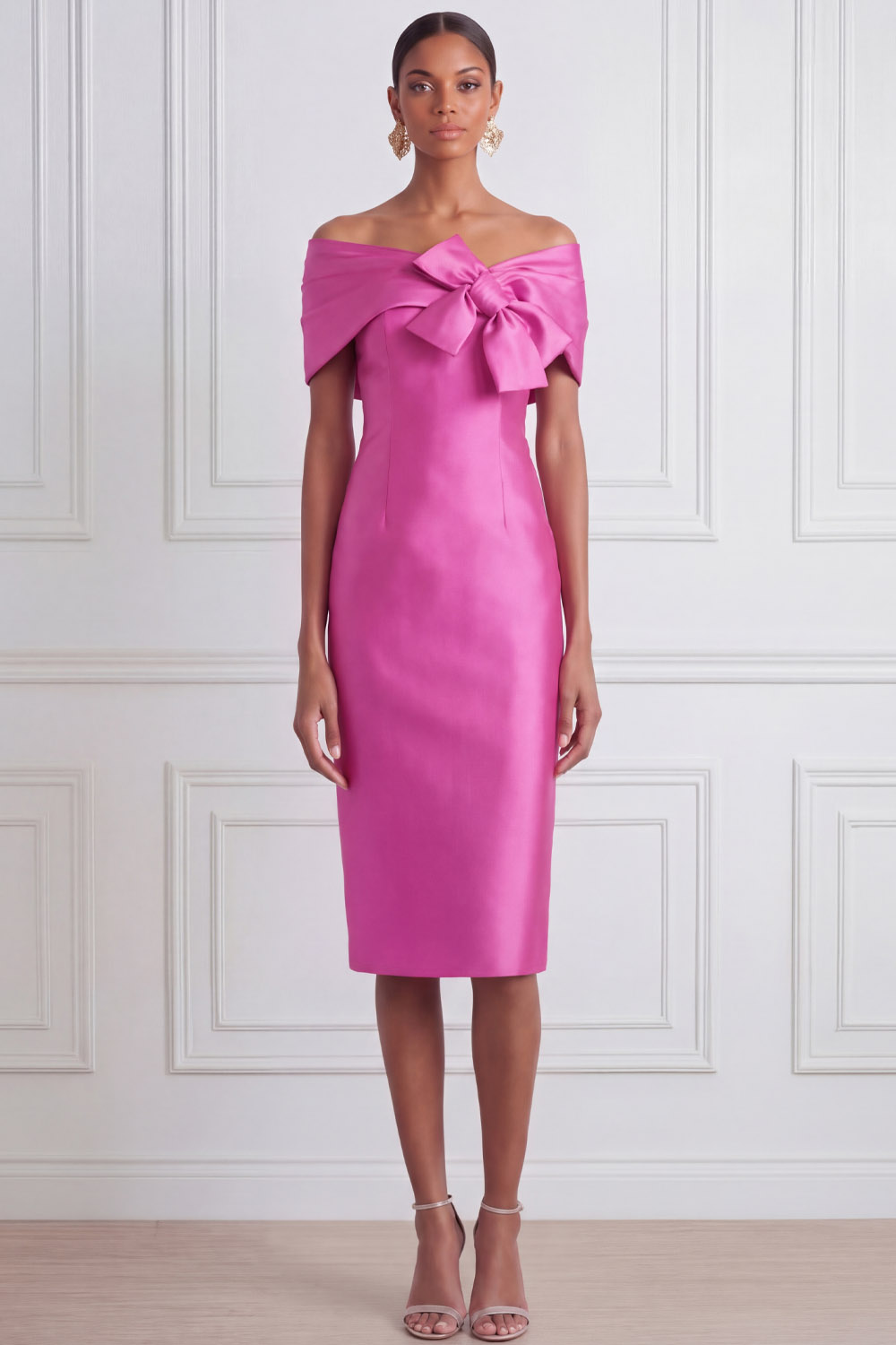 Fuchsia Cocktail Party Dress​​ Off the Shoulder Midi Dress with Bow