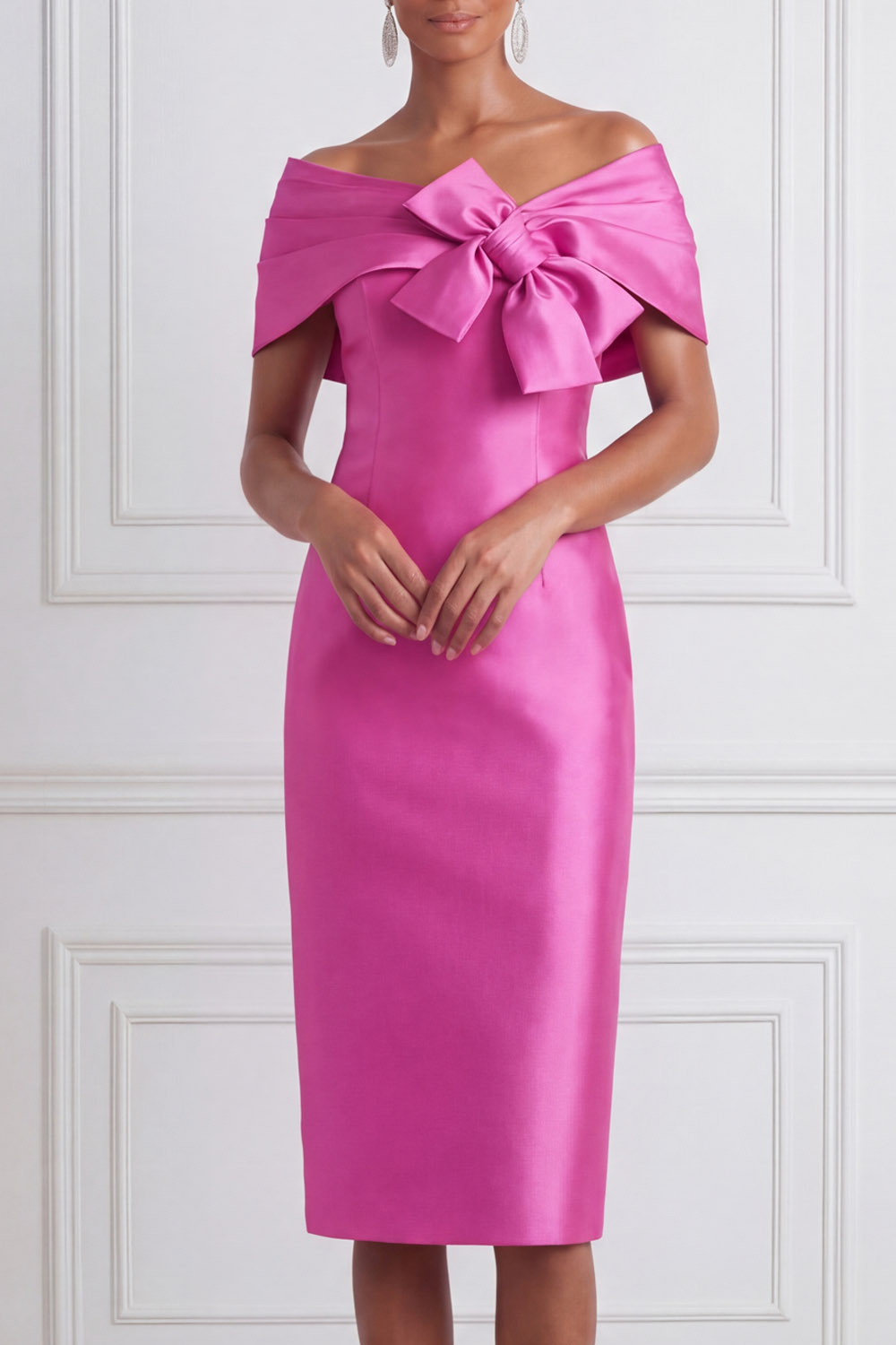 Fuchsia Cocktail Party Dress​​ Off the Shoulder Midi Dress with Bow