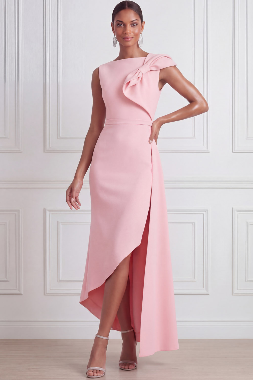 Pink Prom Dress Crew Neck Asymmetrical Dress with Bow
