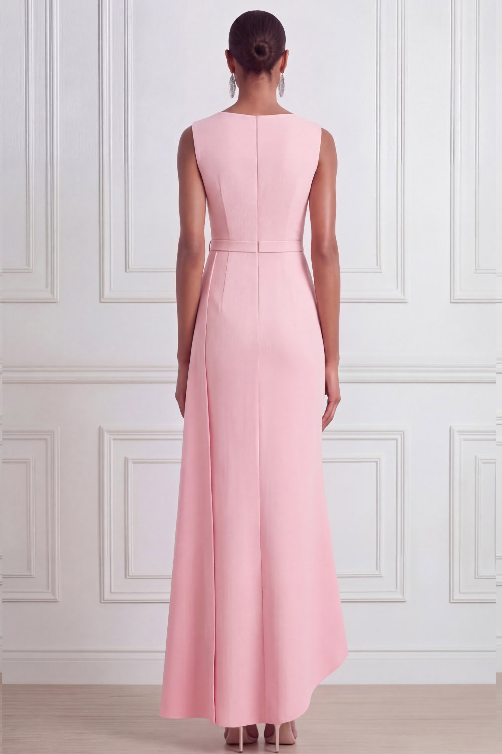 Pink Prom Dress Crew Neck Asymmetrical Dress with Bow