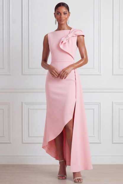 Pink Prom Dress Crew Neck Asymmetrical Dress with Bow