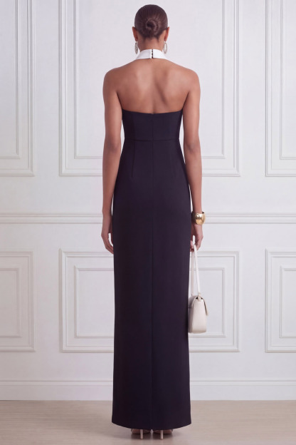 Black Formal Evening Dress Sheath Halter Maxi Dress with Slit