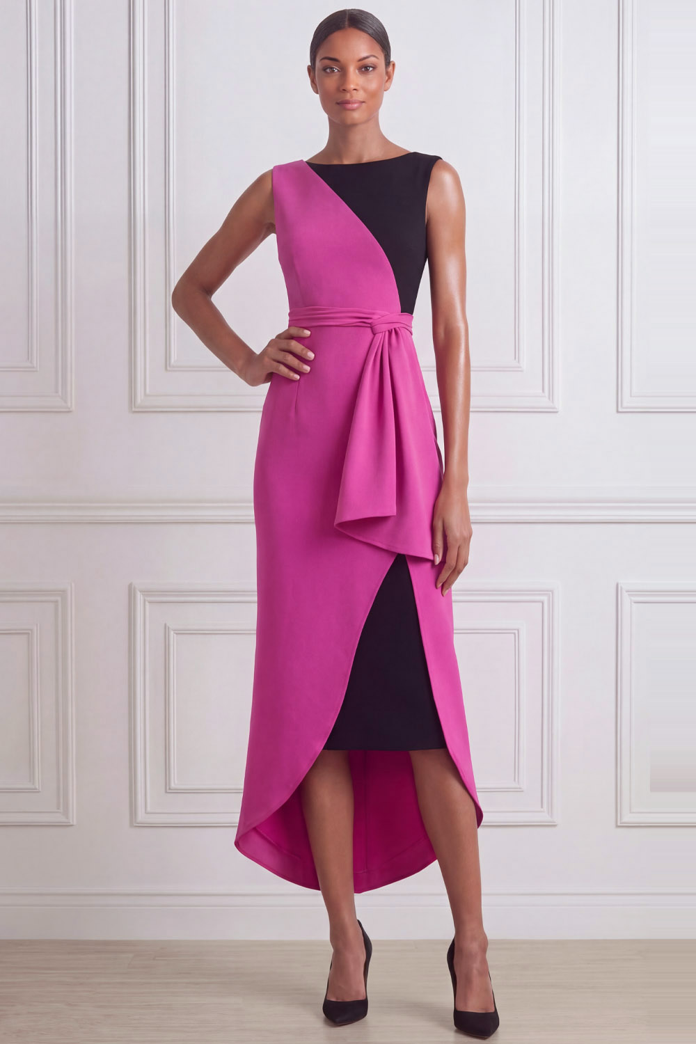 Fuchsia Formal Evening Dress Sheath Crew Neck Splicing Midi Dress