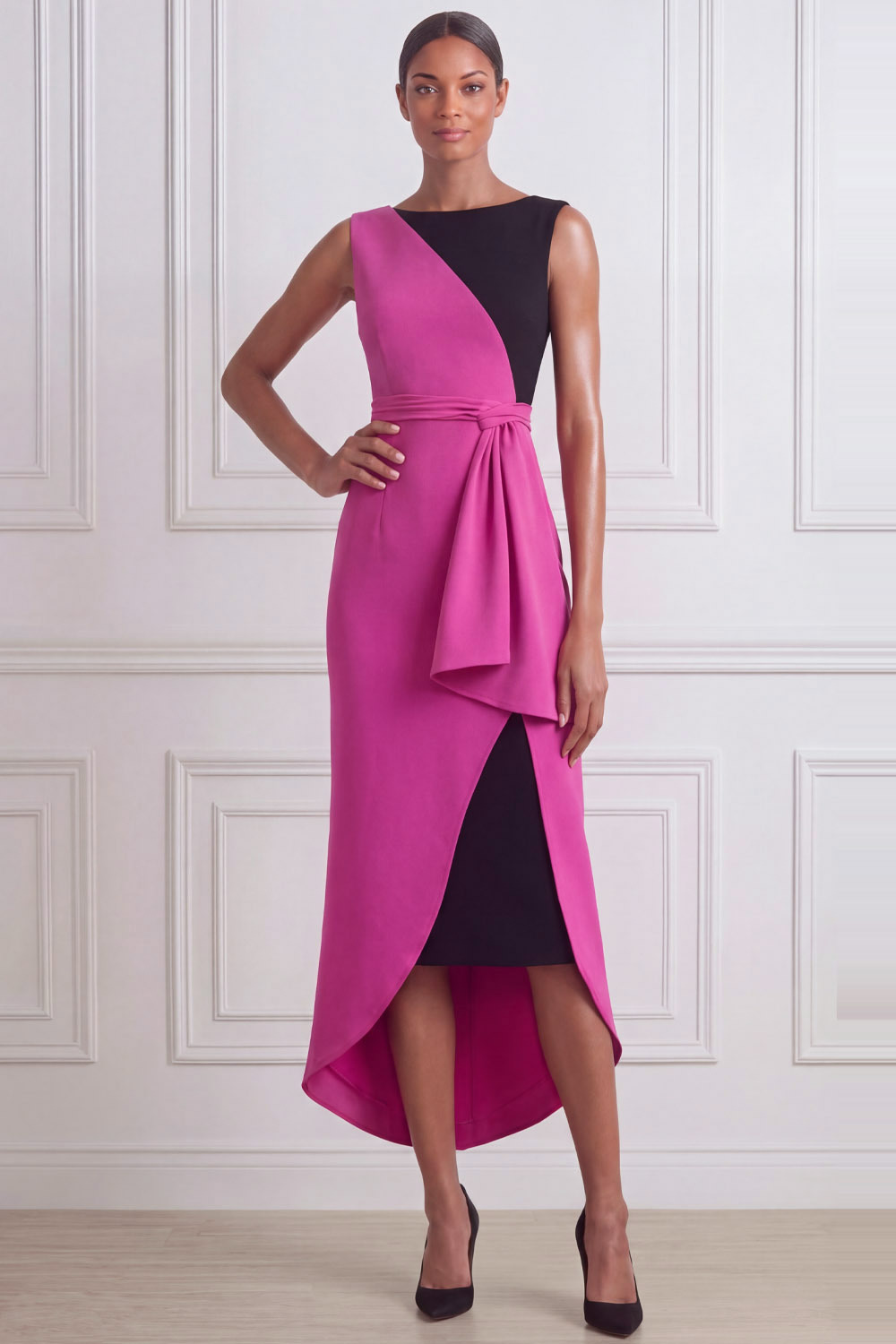 Fuchsia Formal Evening Dress Sheath Crew Neck Splicing Midi Dress
