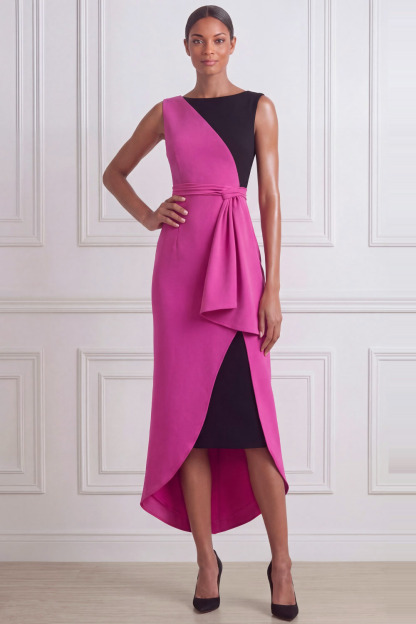 Fuchsia Formal Evening Dress Sheath Crew Neck Splicing Midi Dress