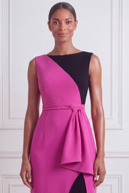 Fuchsia Formal Evening Dress Sheath Crew Neck Splicing Midi Dress