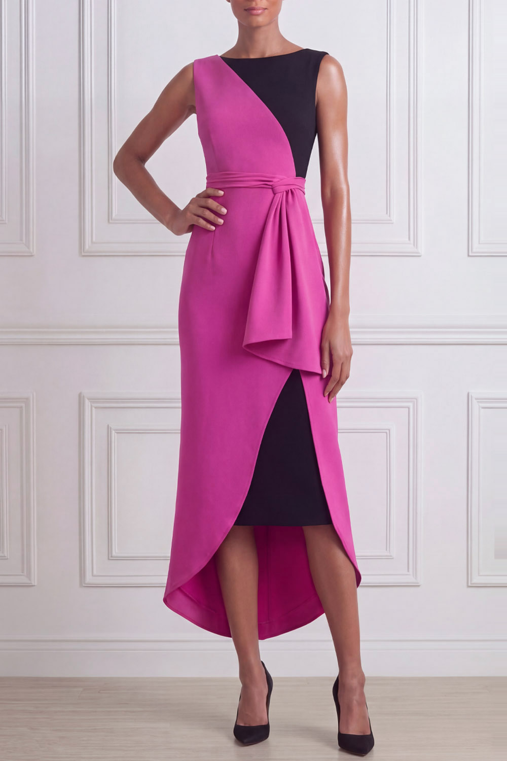 Fuchsia Formal Evening Dress Sheath Crew Neck Splicing Midi Dress