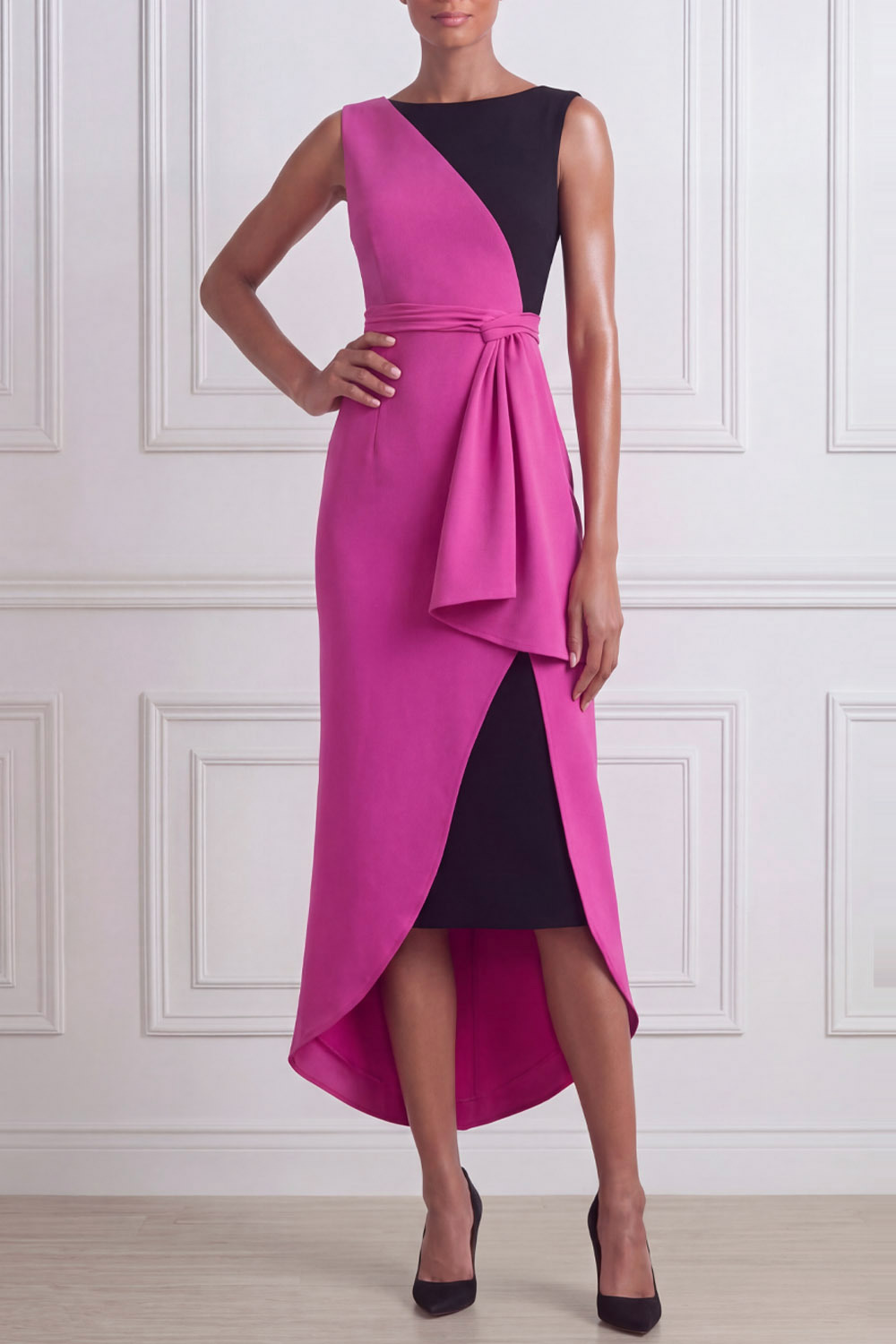 Fuchsia Formal Evening Dress Sheath Crew Neck Splicing Midi Dress