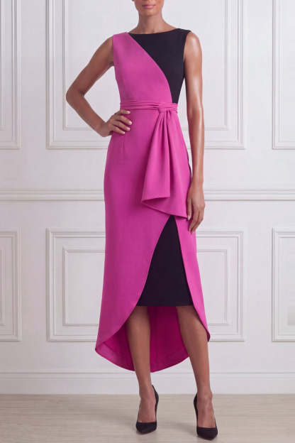 Fuchsia Formal Evening Dress Sheath Crew Neck Splicing Midi Dress