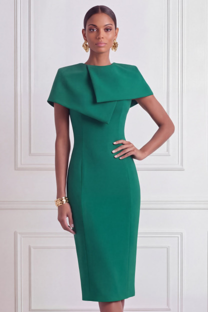 Emerald Green Cocktail Dress​​ Sheath Round Neck Midi Dress with Cape