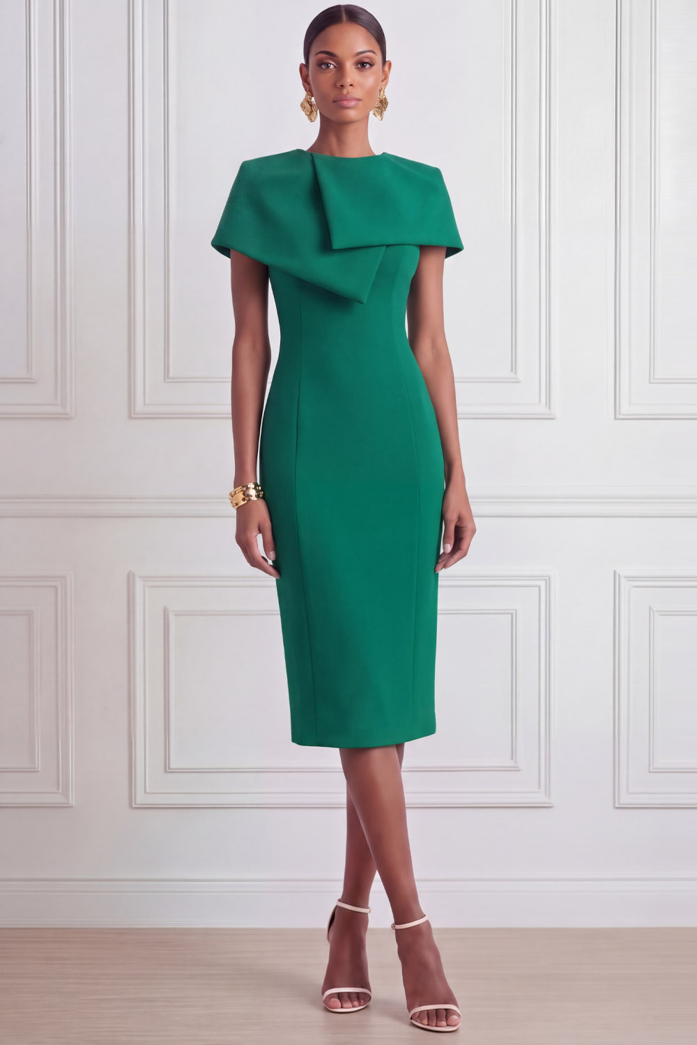 Emerald Green Cocktail Dress​​ Sheath Round Neck Midi Dress with Cape
