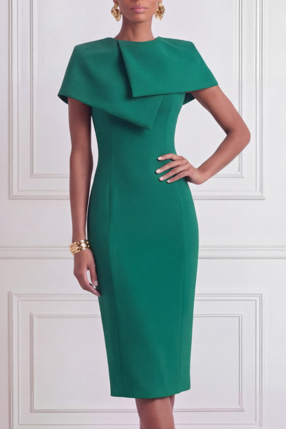 Emerald Green Cocktail Dress​​ Sheath Round Neck Midi Dress with Cape