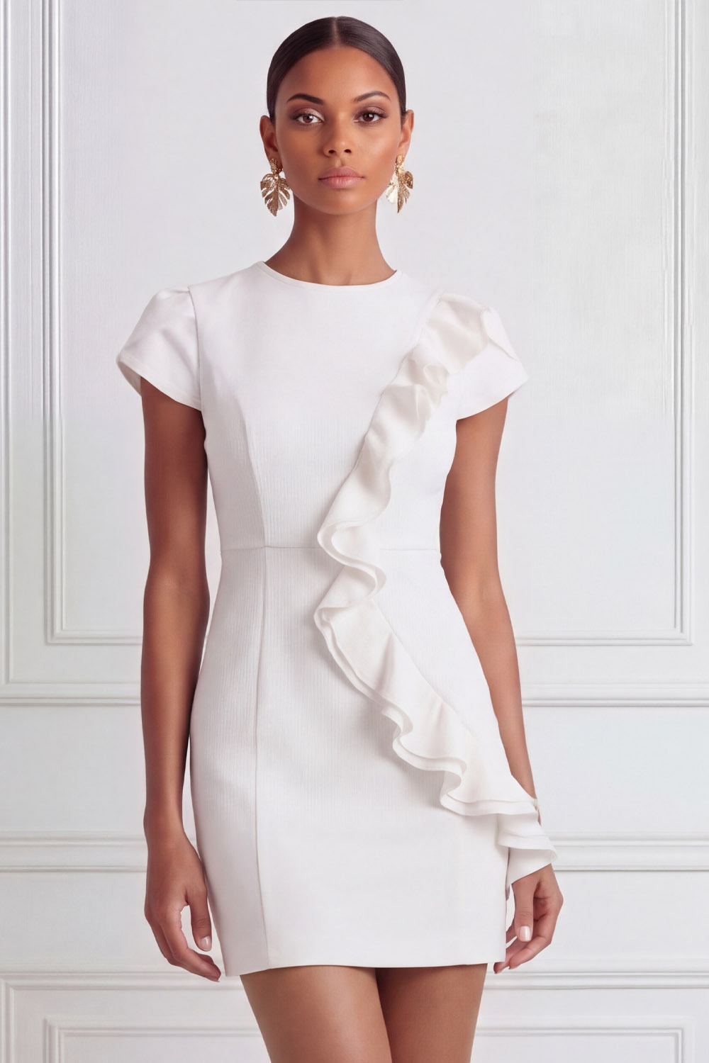 White Cocktail Party Dress​​ Round Neck Short Sleeve Mini Dress