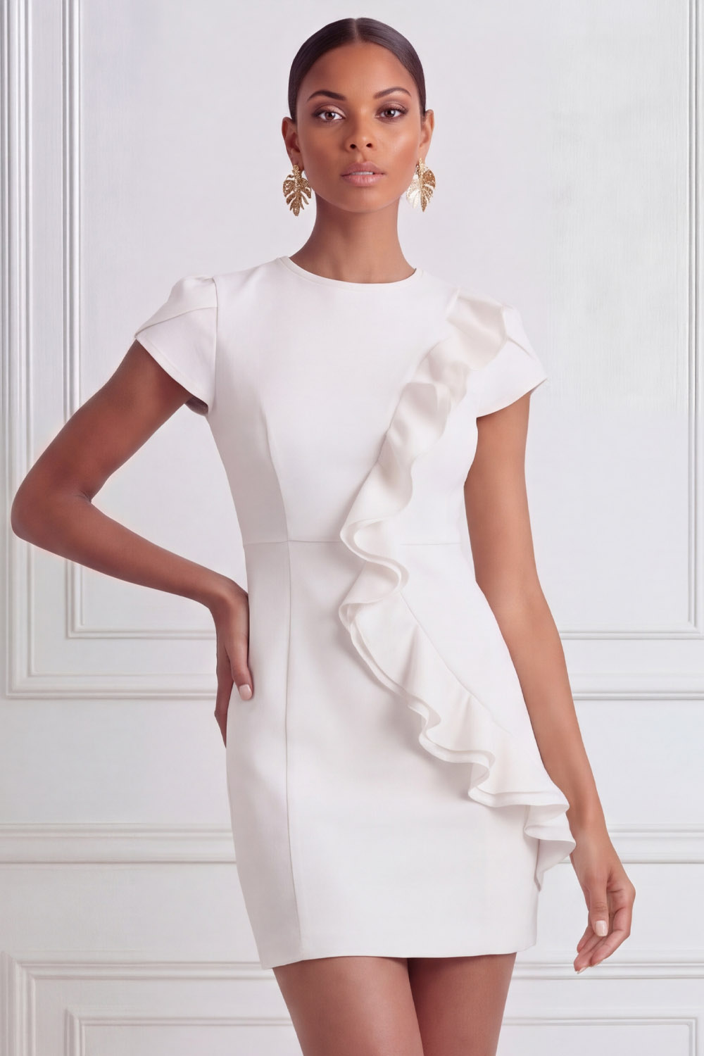 White Cocktail Party Dress​​ Round Neck Short Sleeve Mini Dress 