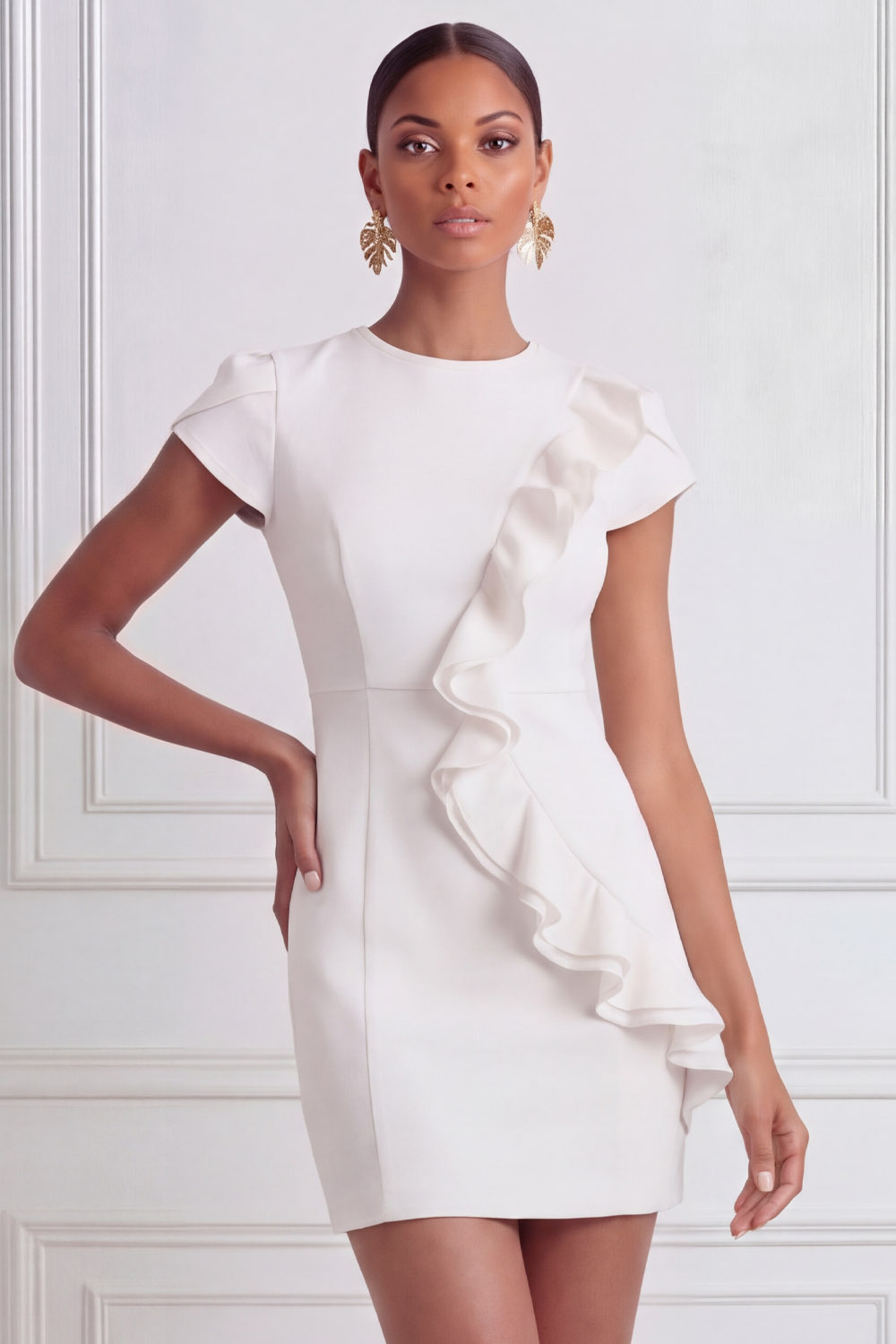 White Cocktail Party Dress​​ Round Neck Short Sleeve Mini Dress 