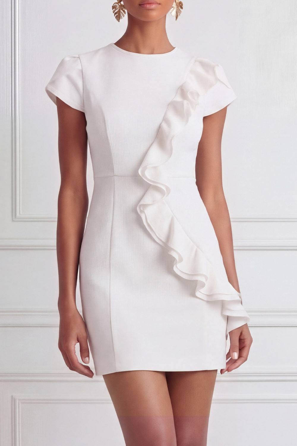 White Cocktail Party Dress​​ Round Neck Short Sleeve Mini Dress 