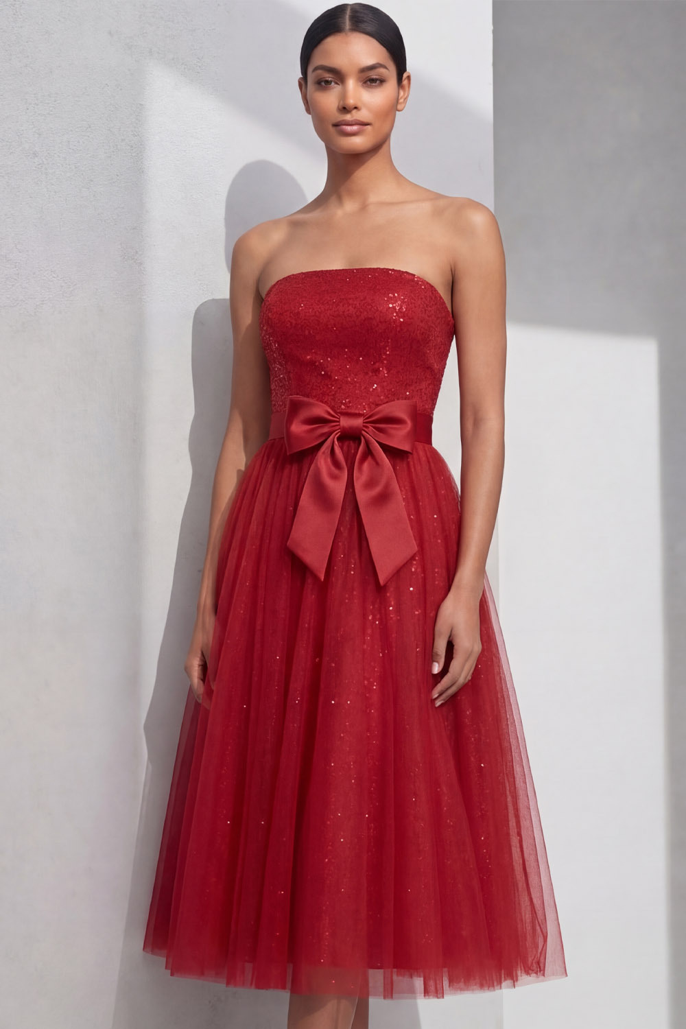 Red Cocktail Party Dress​​ A-Line Strapless Tulle Midi Dress