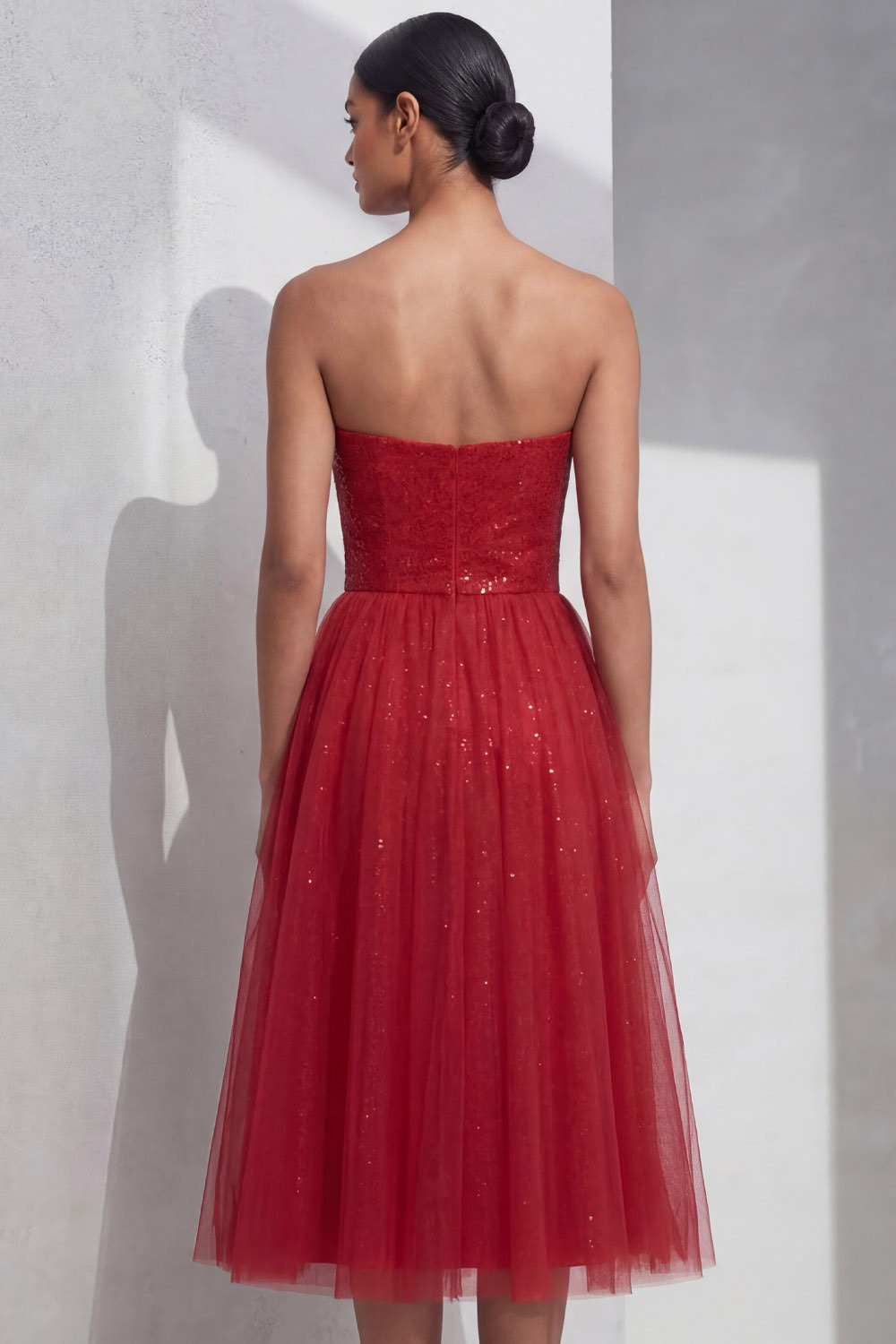 Red Cocktail Party Dress​​ A-Line Strapless Tulle Midi Dress 