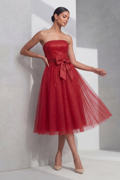 Red Cocktail Party Dress​​ A-Line Strapless Tulle Midi Dress 