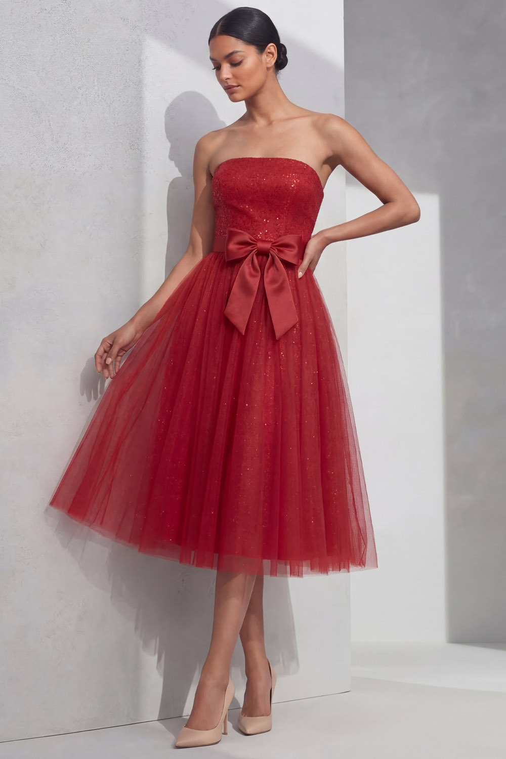 Red Cocktail Party Dress​​ A-Line Strapless Tulle Midi Dress 