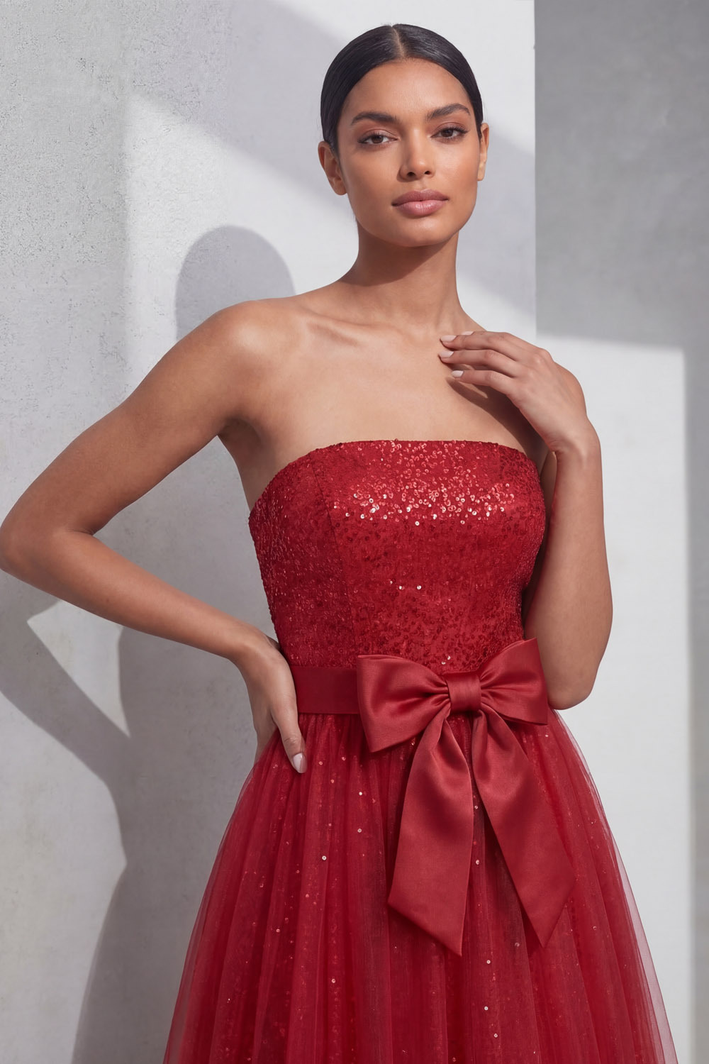 Red Cocktail Party Dress​​ A-Line Strapless Tulle Midi Dress 