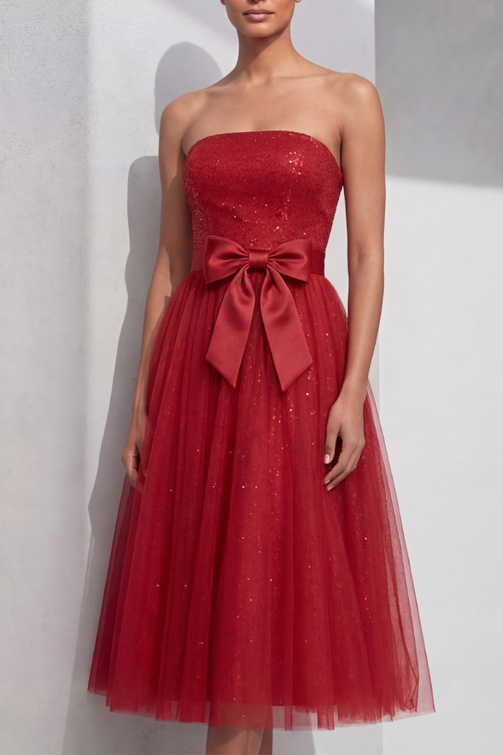 Red Cocktail Party Dress​​ A-Line Strapless Tulle Midi Dress 
