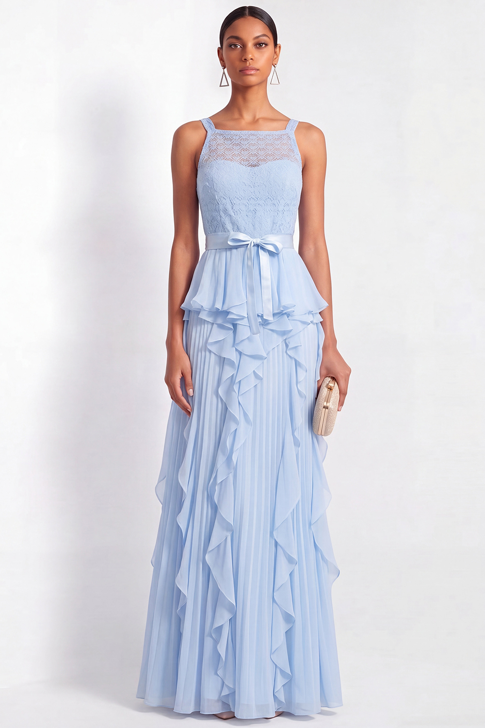 Sky Blue Formal Dress A-Line Straps Chiffon Maxi Dress with Ruffle