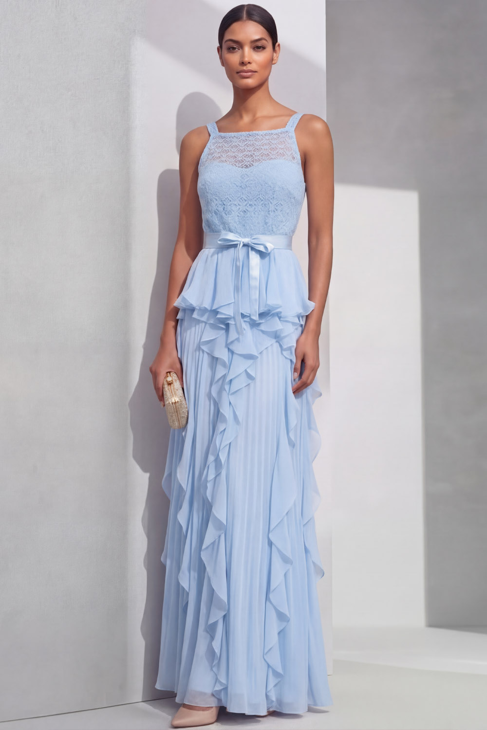 Sky Blue Prom Dress A-Line Straps Chiffon Maxi Dress with Ruffle