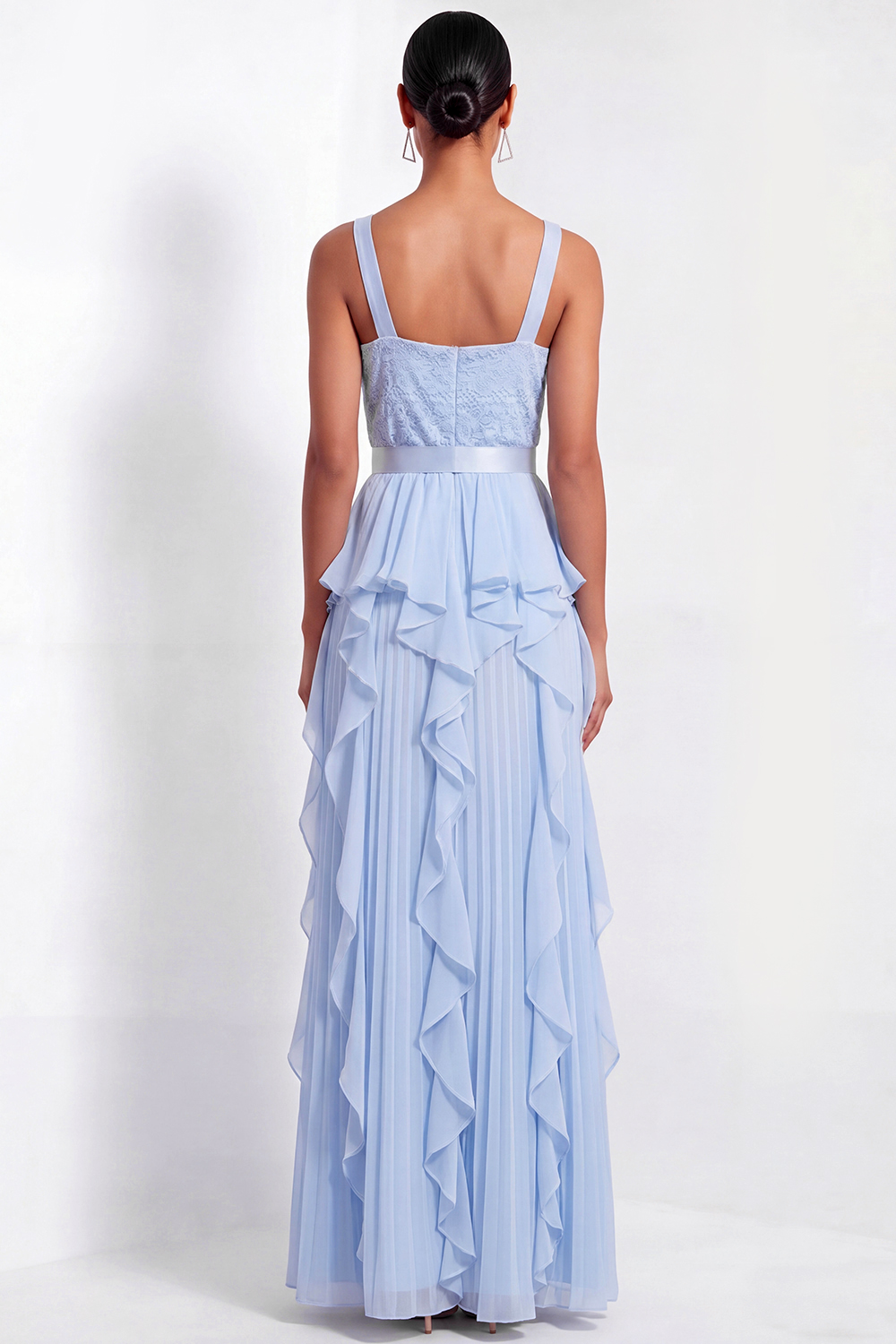 Sky Blue Formal Dress A-Line Straps Chiffon Maxi Dress with Ruffle