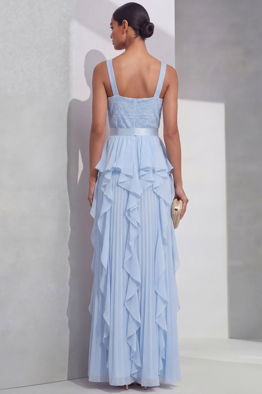 Sky Blue Prom Dress A-Line Straps Chiffon Maxi Dress with Ruffle